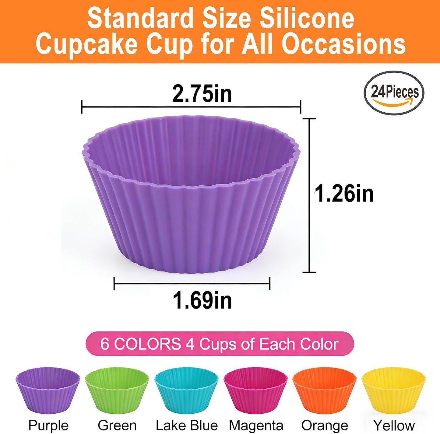 Reusable Non-Stick Silicone Baking Cups, Food Grade BPA Free Cupcake Muffin Liners, Oven & Dishwasher Safe Easy Release, Multicolor Rainbow, 24 Pack, for Muffins Cupcakes