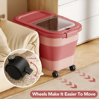 Summark 15 Lbs Dog/Cat Food Storage Container,Collapsible Food Storage Containers with Rolling Wheel Airtight Locking Lid,Pet Food Storage Container with Cup and Scoop,Grey