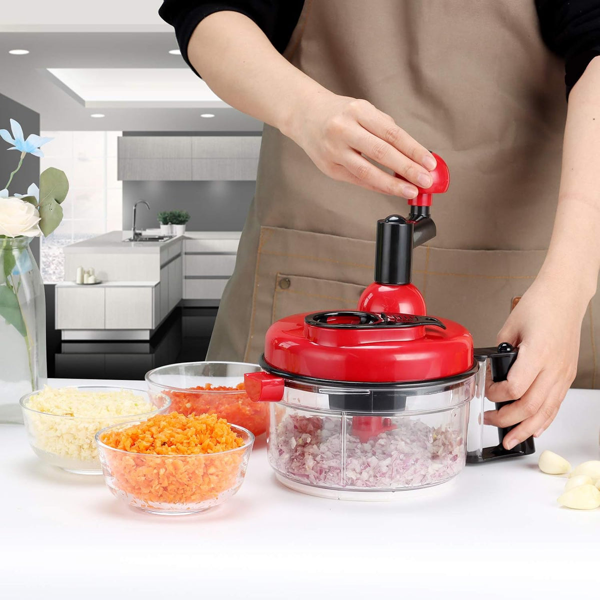 Cambom Manual Vegetable Cutter Food Processor 8 in 1 - Chopper, Mixer, Blender, Whipper, Egg Separator, Mincer, Grinder, Dicer with Clear Container 1200ml BPA Free