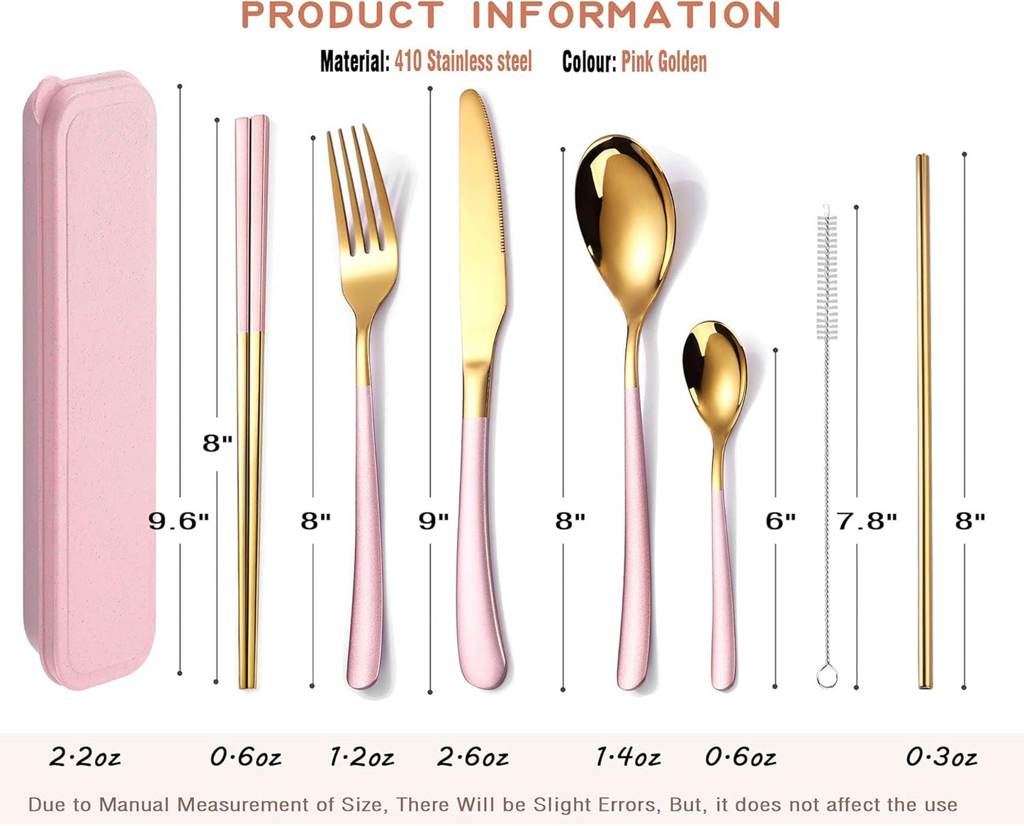 AARAINBOW 7 Pieces Stainless Steel Flatware Set Portable Reusable Cutlery Set Travel Utensils Set Including Chopsticks Knife Fork Spoon Straws Cleaning Brush Dishwasher Safe (B-Pink Golden)