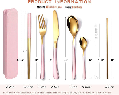 AARAINBOW 7 Pieces Stainless Steel Flatware Set Portable Reusable Cutlery Set Travel Utensils Set Including Chopsticks Knife Fork Spoon Straws Cleaning Brush Dishwasher Safe (B-Pink Golden)
