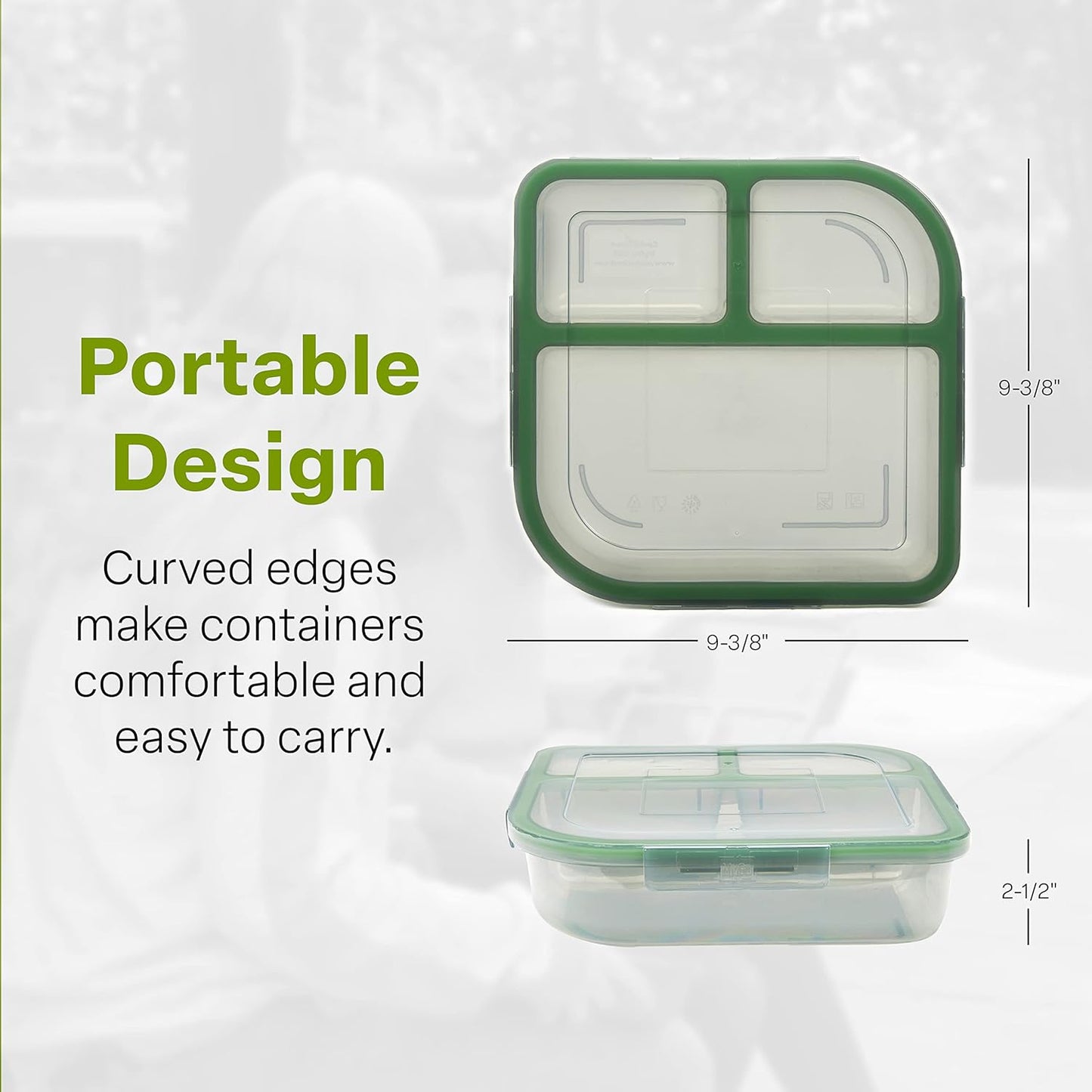 MyGo Container Large To-Go 3-Compartment Food Containers, Pack Of 3, 9-3/8" X 9-3/8" X 2-1/2", Reusable, Microwave Safe, NSF Certified, Smoke/Green