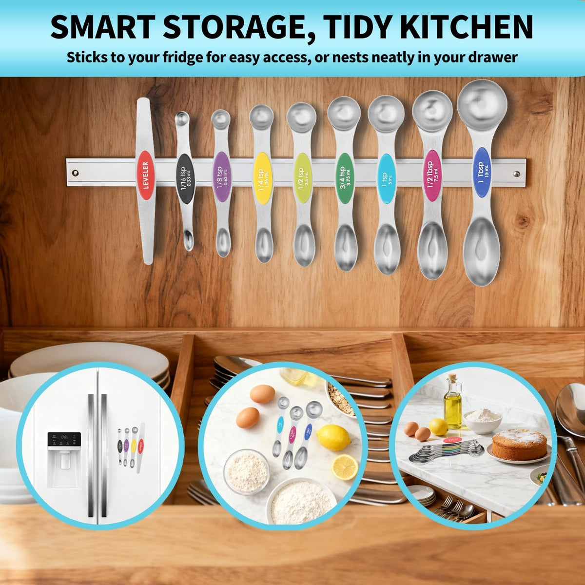 Magnetic Measuring Spoons Set Stainless Steel with Leveler, Dual-Sided Metal Measuring Spoons for Baking & Cooking, Fits in Spice Jars, Must-have Kitchen Gadgets, 8 Measuring Spoons & 1 Leveler, Black