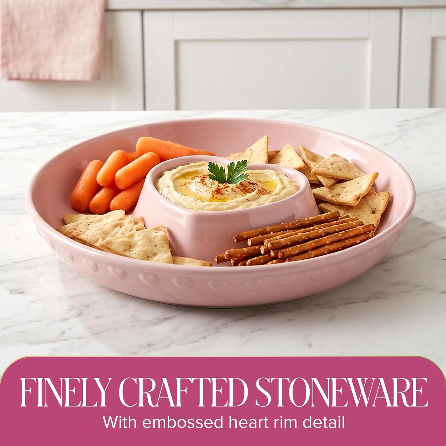 Paris Hilton Chip and Dip Serving Tray, Finely Crafted Stoneware with Heart-Shaped Dipper, Embossed Hearts, Microwave and Dishwasher Safe Stoneware, 12-Inch, Pink