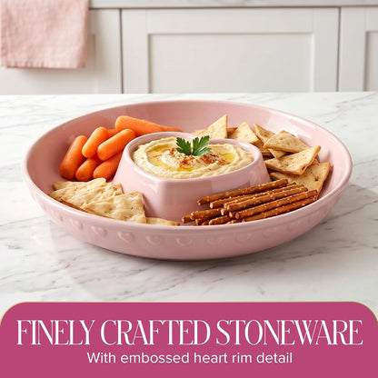 Paris Hilton Chip and Dip Serving Tray, Finely Crafted Stoneware with Heart-Shaped Dipper, Embossed Hearts, Microwave and Dishwasher Safe Stoneware, 12-Inch, Pink