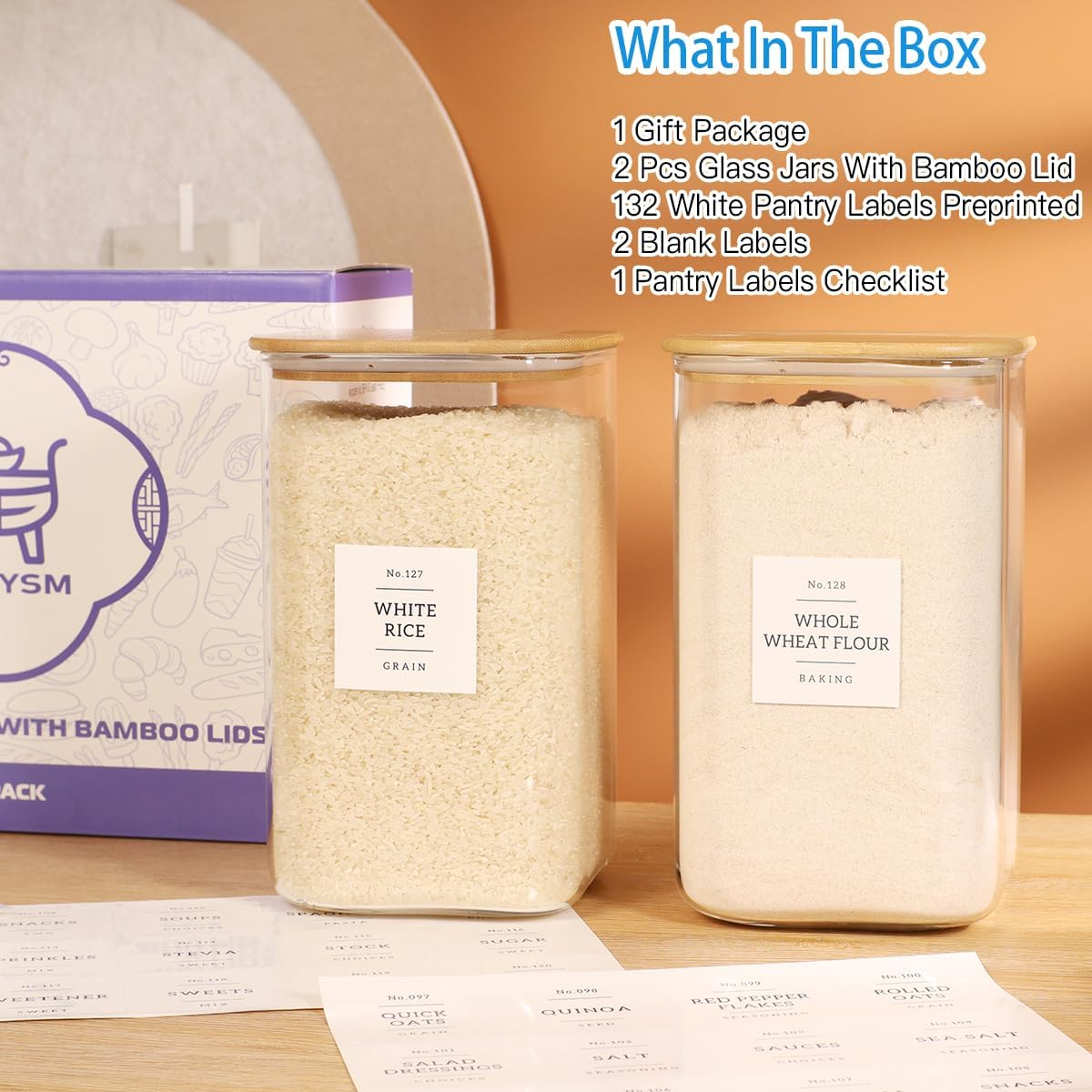 2 Pack large Square Glass Flour and Sugar Containers with 132 Kitchen Pantry Labels - 149 floz & 71 floz - Glass Jars with Airtight Bamboo Lid - Glass Rice Canisters for Coffee, Pasta, Cookie, Cereal