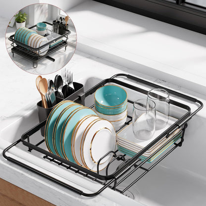Sakugi Dish Drying Rack in Sink - Expandable Stainless Steel Dish Rack Over the Sink, Kitchen Sink Drain Strainer with Cutlery Holder & Cup Holders, 15.4 x 9.8 x 3.0 Inch, Black