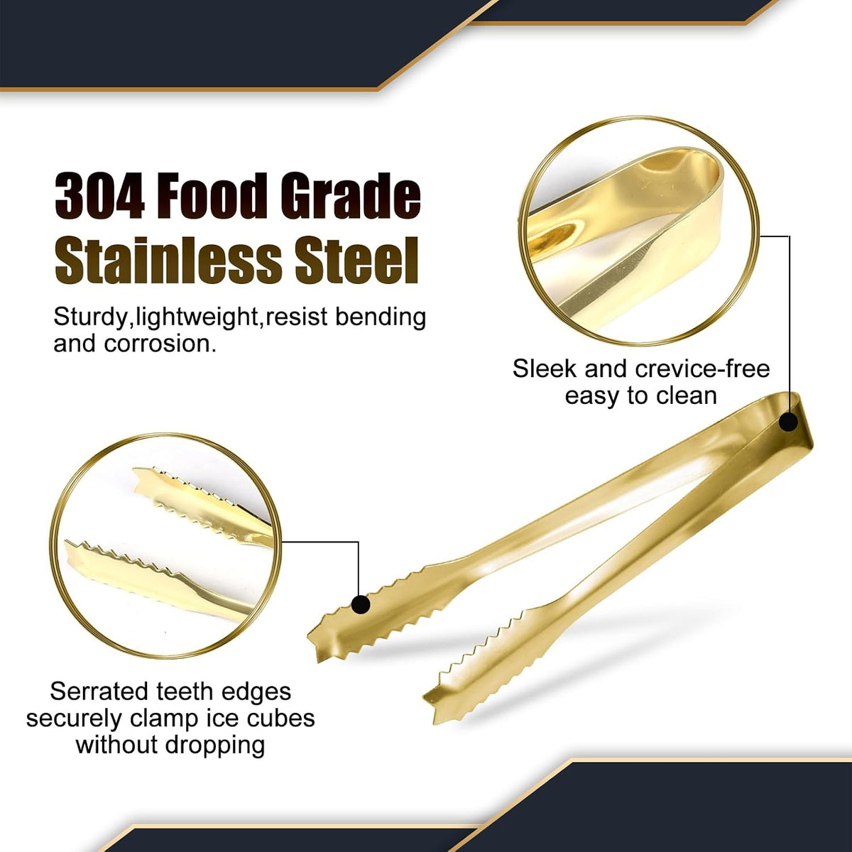WAFJAMF 7‘’Gold Ice Tongs, 304 Stainless Steel Serving Tong for Ice Bucket