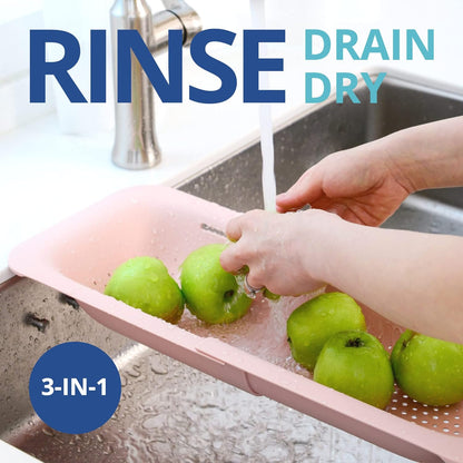 BLUE GINKGO Over the Sink Colander Strainer Basket - Wash Vegetables and Fruits, Drain Cooked Pasta and Dry Dishes - Extendable - New Home Kitchen Essentials (Grey, 1 Pack)