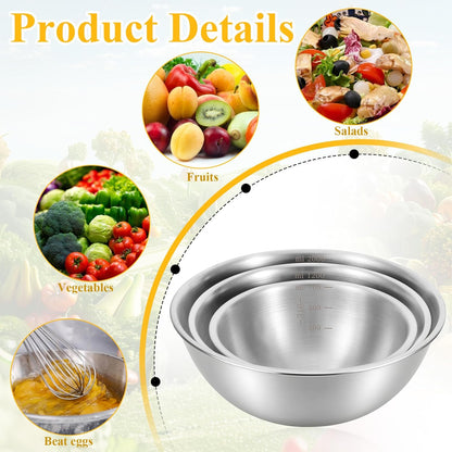 3 Packs Stainless Steel Mixing Bowls with Measurement Marks, Thicker Stainless Steel Flat Bottom Mixing Bowls Set, Stackable Salad Bowl for Cooking, Baking, Salad, Vegetables