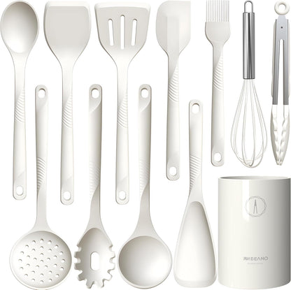 Silicone Cooking Utensils Set - 600°F Heat Resistant, Nonstick Kitchen Utensil Set with Spatulas, Spoons, Whisk, Tongs, BPA Free, Dishwasher Safe, Black