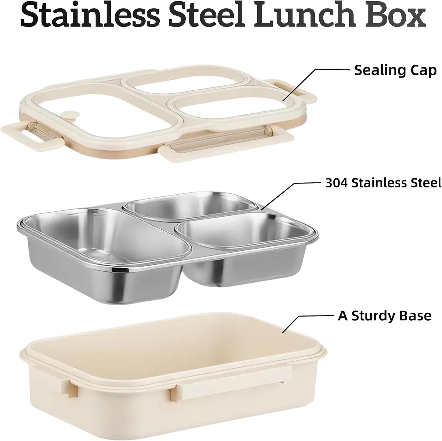 Stainless Steel Lunch Box for Kids, 3-Compartment Bento Box with Lid | Leakproof, Eco-Friendly Metal Food Container for School, Work, Picnic | Easy to Clean & Microwave Safe (White)