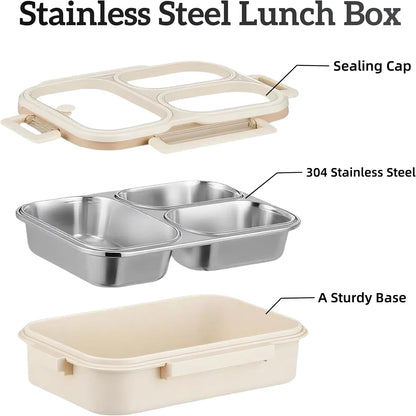 Stainless Steel Lunch Box for Kids, 3-Compartment Bento Box with Lid | Leakproof, Eco-Friendly Metal Food Container for School, Work, Picnic | Easy to Clean & Microwave Safe (White)