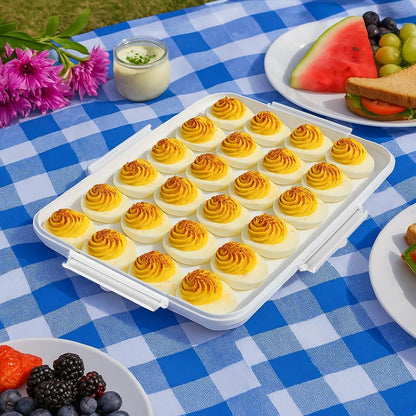 Deviled Egg Containers with Lid - Reusable Platter 2 Pack 48 Count Storage Tray with Handle for Potlucks, Tea Parties, Party, Thanksgiving, Picnics, Refrigerator, Christmas, Easter, Brunches (Blue)