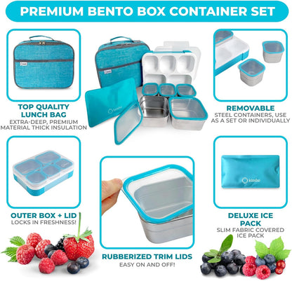 Stainless Steel Bento Lunch Box Set For Adults, Kids - Insulated Bag And Ice Pack - Leak-Proof Metal Compartment Meal Prep Food & Snack Containers For Work Travel School Daycare, 42 Oz Grey Black