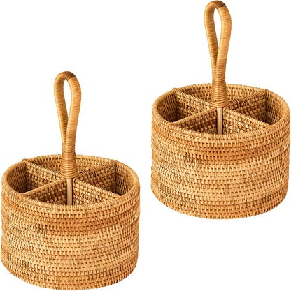 i-lan Set of 2 Rattan Utensil Caddy with Handle (7 Inch) - 4-Section Woven Wicker Silverware Holder for Tea Bags & Condiments, Boho Divided Organizer Basket for Kitchen Countertop, Party & Picnic