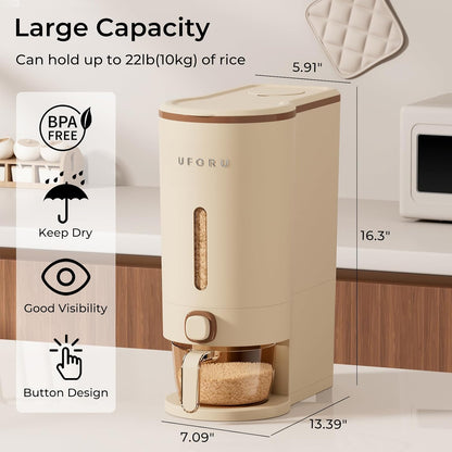 UFORU Rice Dispenser, Rice Storage Container with Measuring Cup for Kitchen Pantry Household, Dry Food Storage Containers Airtight, Sealed Moisture Proof (White 13Lbs)