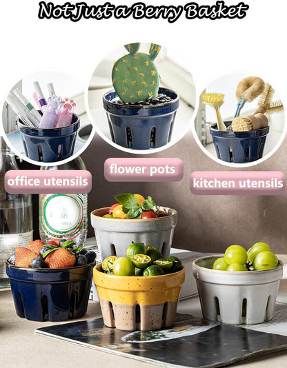 Gomakren Berry Bowls with Holes Ceramic, Berry Washing Bowl Basket Set of 2, 5.8 Inch Round Fruit Bowl Storage Containers, Strawberry Baskets, Farmhouse Kitchen Decor, Yellow + Brown