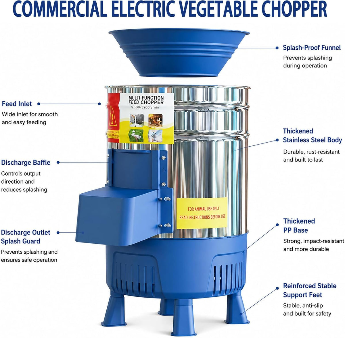 Commercial Electric Vegetable Chopper, 1500W Stainless Steel Poultry Feed Processor, Multifunctional Food Chopper for Chicken, Cattle, Sheep, Farm & Household Livestock Feed Shredder 2200W