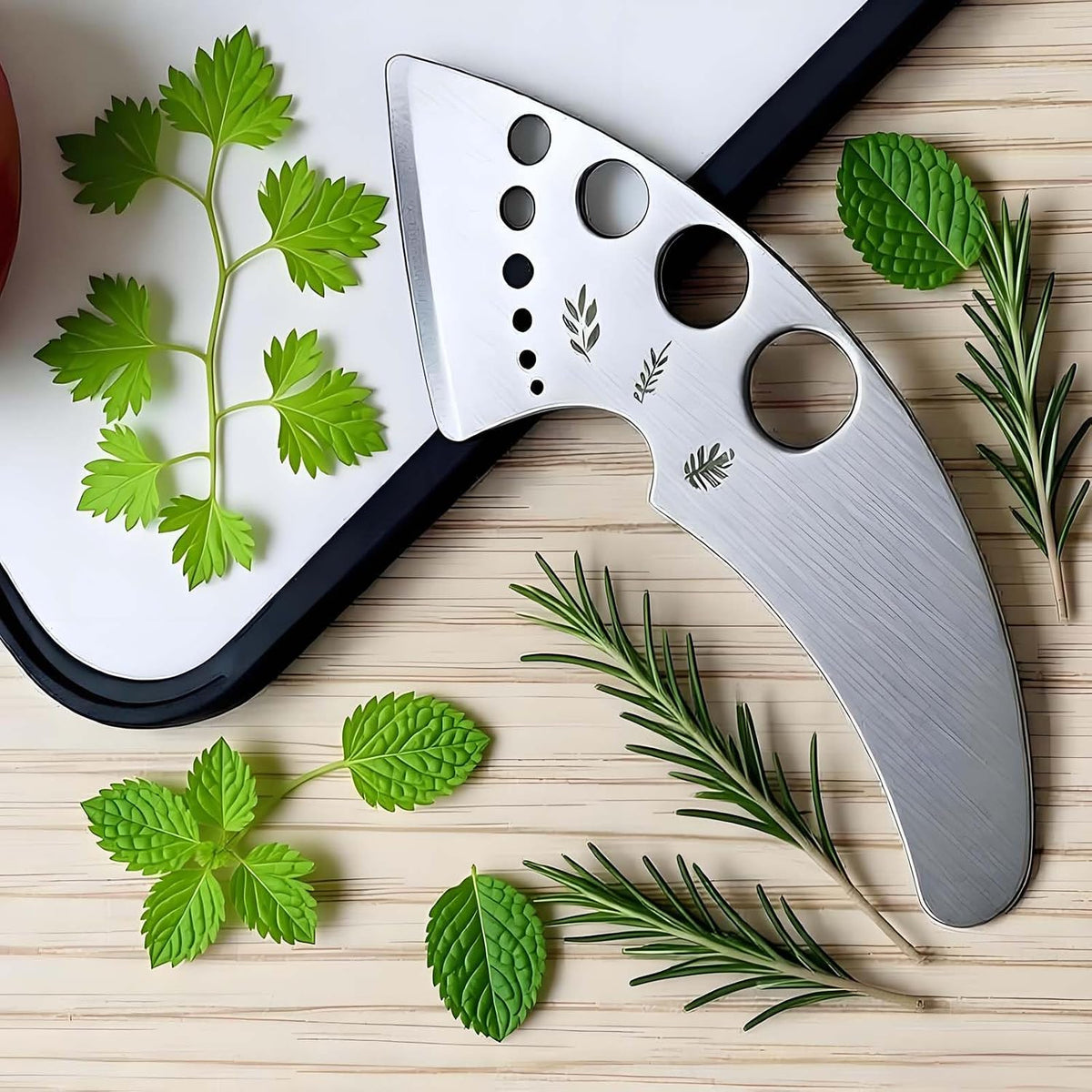Herb Stripper Tool with 9 Sizing Holes Food-Grade Stainless Steel Leaf Remover for Cooking, Compact Kitchen Gadget with Blade & Safety Cover for collards parsley cilantro goji