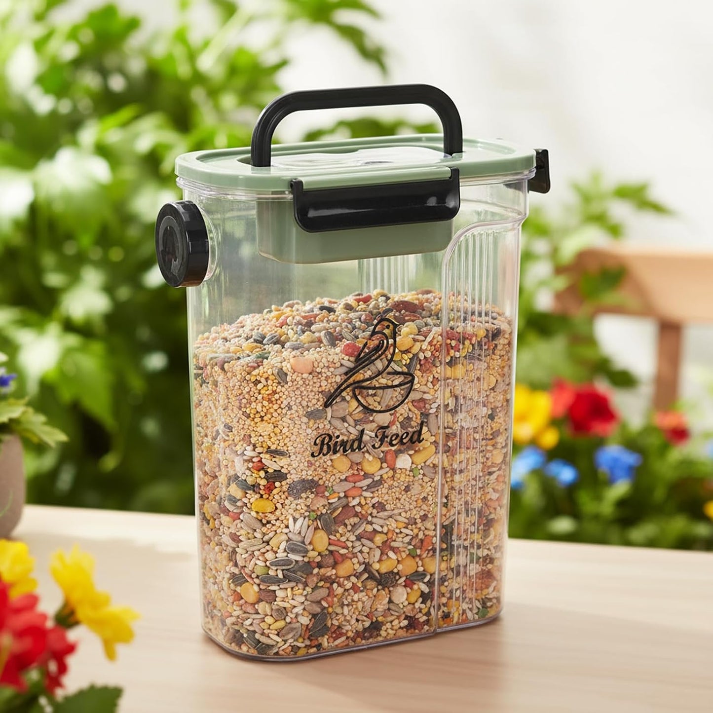 Bird Food Container,Pet Food Storage Bin with Side Pouring Spout and Handle,5lb Bird Seed Storage Container,Airtight BPA Free Portable BirdSeed Storages for Outside Feeders Container Holder
