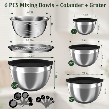 Mixing Bowls with Lids Set, 16PCS Stainless Steel Mixing Bowls,Nesting Storage Bowls for Kitchen with Mixing Bowls Set, Colander, Strainer & Grater , Metal Salad Bowl for Kitchen Gadgets , Cream