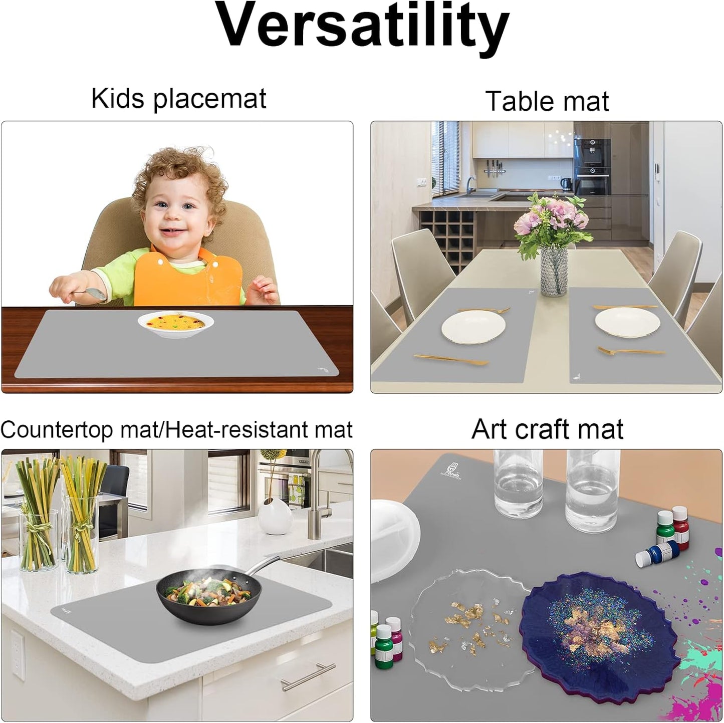 Thick Silicone Counter Mat Large Set of 2, Heat Resistant Pad for Kitchen Table/Countertop Protector/Non Stick Pastry Baking Placemats, Silicone Mat for Crafts Kids (20×28, Gray)