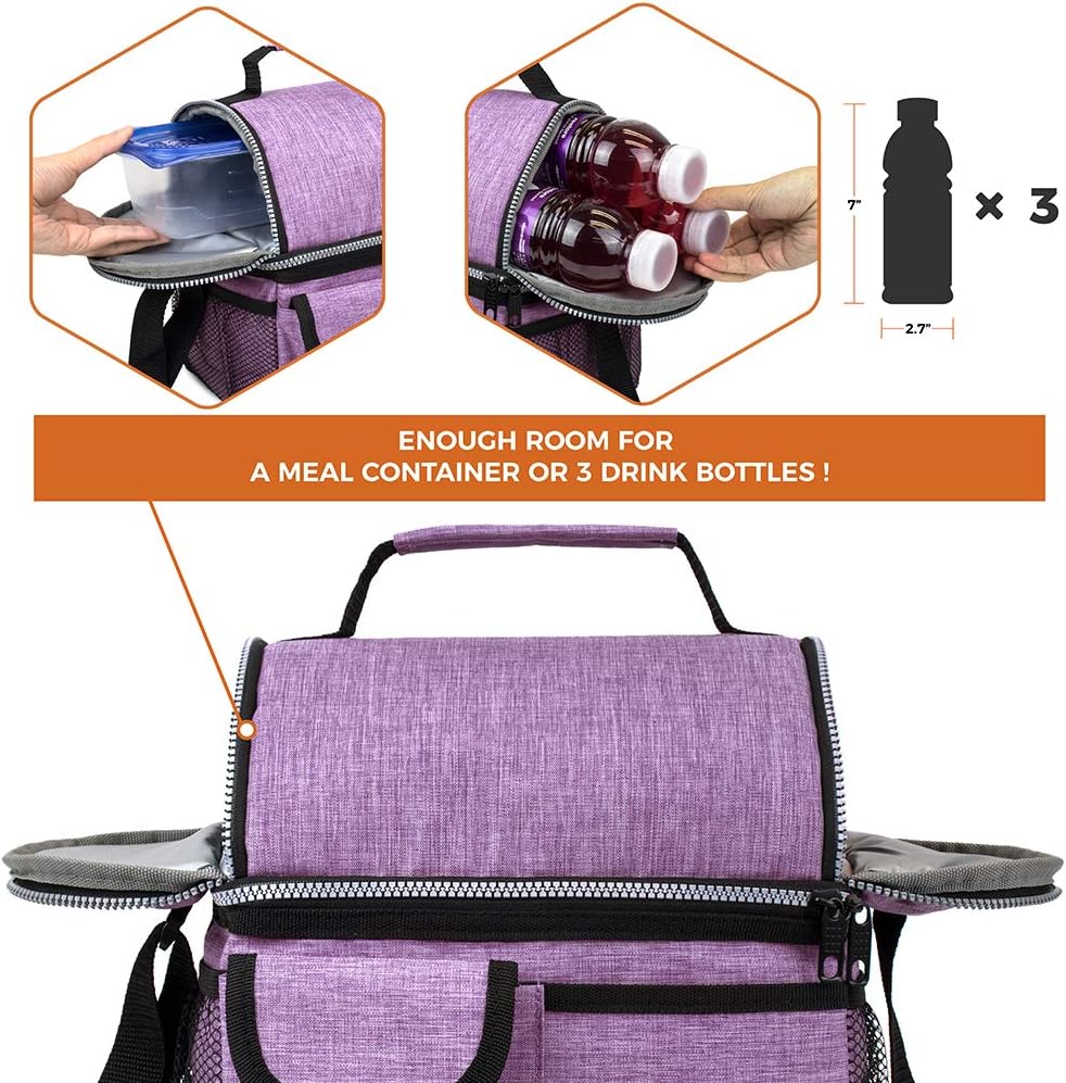 opux Insulated Lunch Bag Women Men, Dual Compartment Leakproof Lunch Box Adults Kids, Double Decker Meal Prep Bento Lunch Cooler Tote with Shoulder Strap for Work Office School Travel, Floral Purple