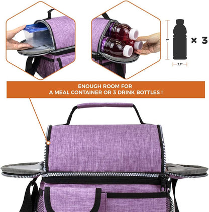 opux Insulated Lunch Bag Women Men, Dual Compartment Leakproof Lunch Box Adults Kids, Double Decker Meal Prep Bento Lunch Cooler Tote with Shoulder Strap for Work Office School Travel, Floral Purple