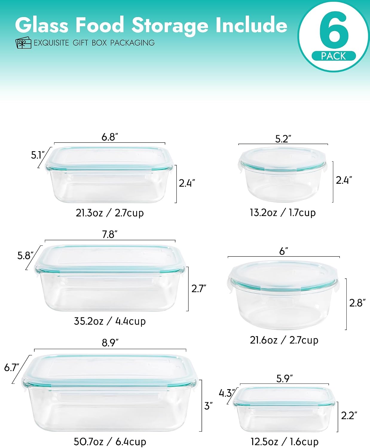 8-Pack Borosilicate Glass Food Storage Containers Set with Airtight Lids - Oven, Microwave & Freezer Safe, Leak-Proof, BPA-Free - Baking, Meal Prep & Gift Ready