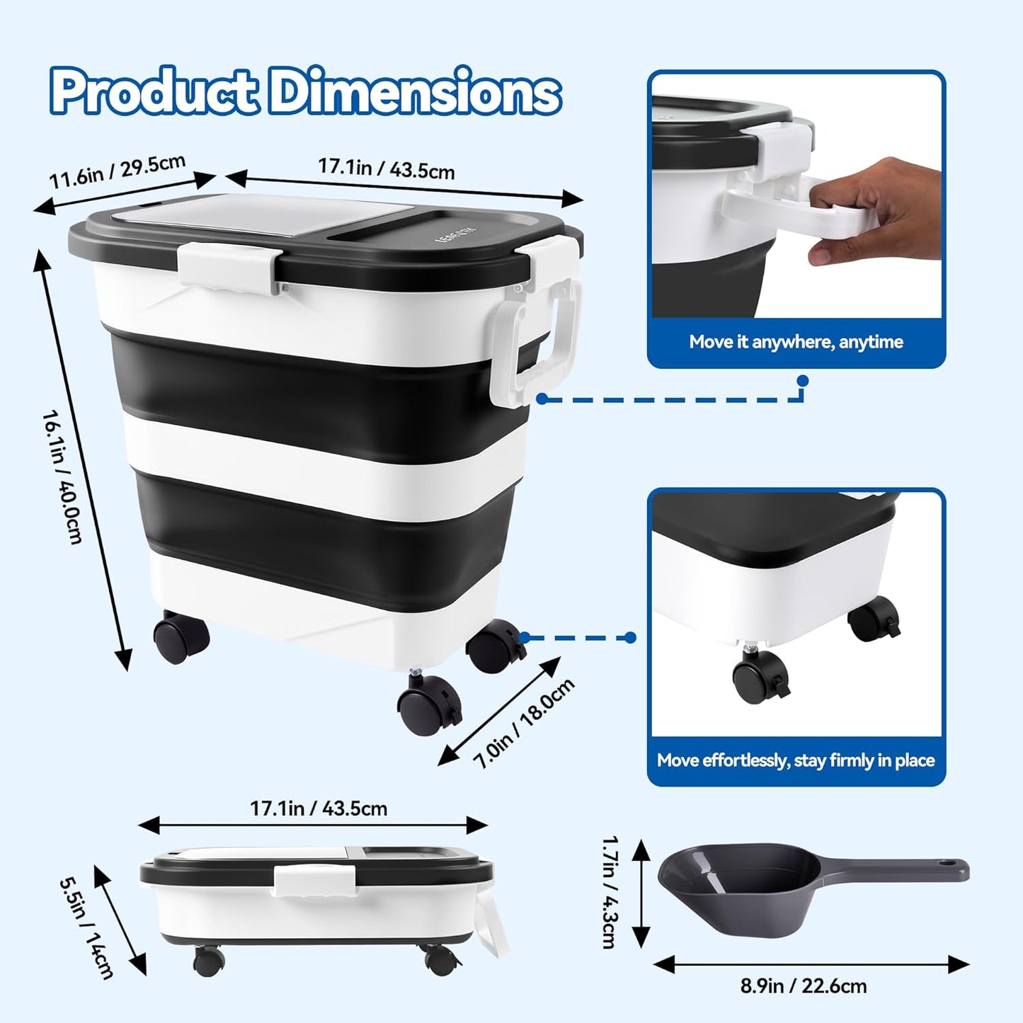 Dog Food Storage Container 20-25lbs, Airtight Pet Food Bin with Locking Lid & Clear Window, Collapsible Rolling Storage Container with Wheels and Scoop, Black