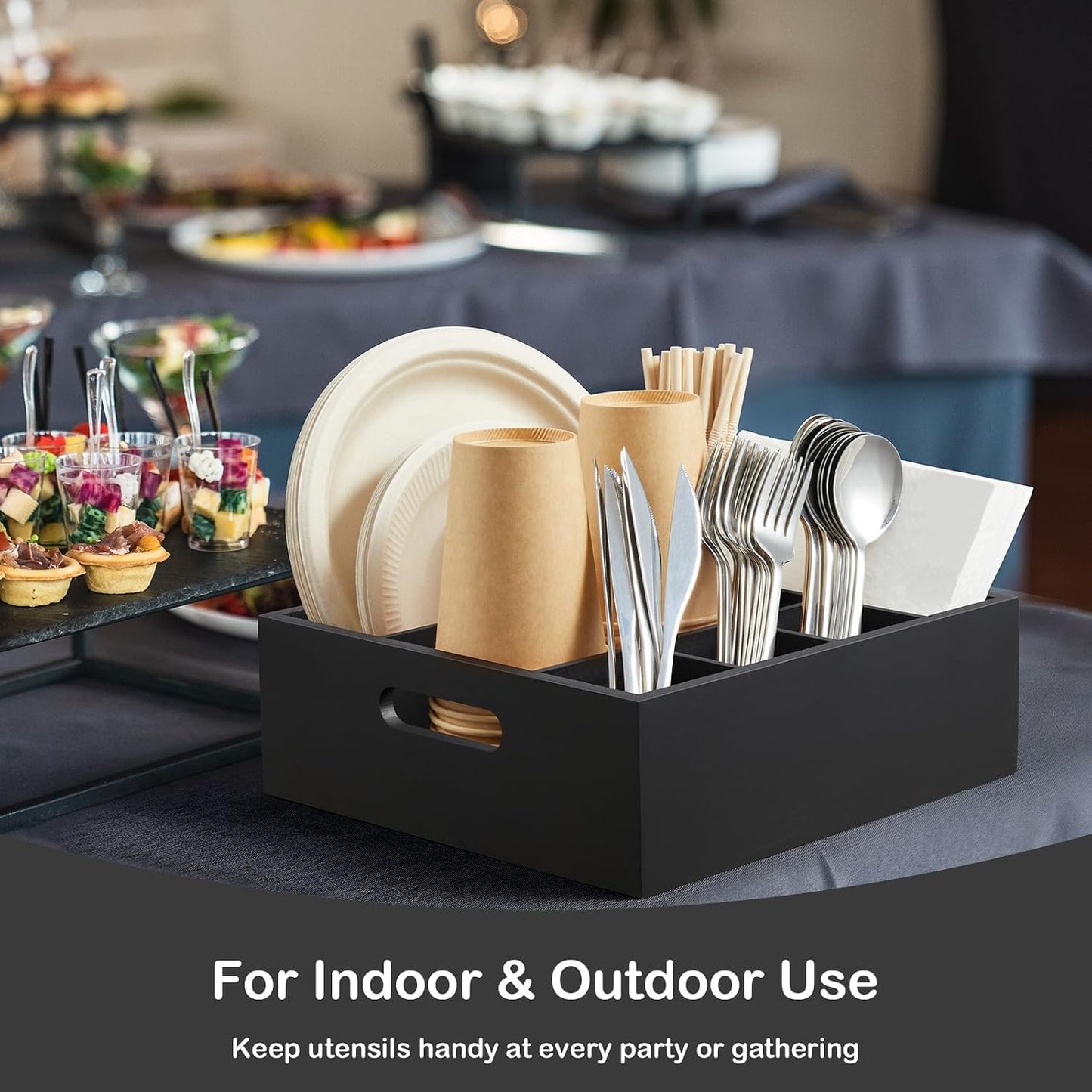 Acacia Wood Utensil Holder for Party, 6-Compartment Paper Plate and Silverware Organizer with Handles, Rustic Utensil Caddy for Parties, Outdoor Gatherings, and Kitchen Countertop Organization