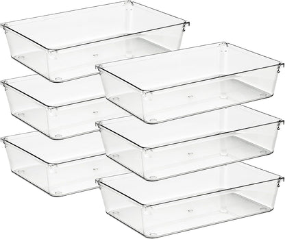 Ravinte 6 Pack Drawer Organizer - 3" X 9" Plastic Storage Bins, Acrylic Organizers with Non-Slip Pads Clear Desk Storage Tray for Makeup, Jewelries, Kitchen Utensils, Bathroom and Office