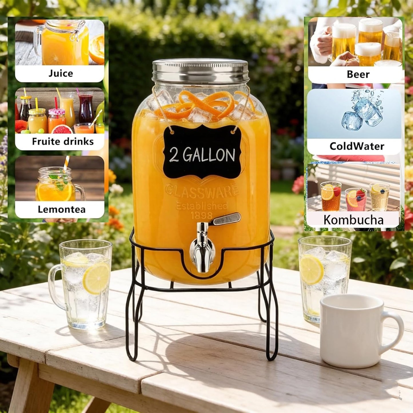 2 Gallon Glass Beverage/Drink Dispenser with Stand, Lid & Ice Core | Leakproof 18/8 Stainless Steel Spigot | Mason Jar Style for Party, Iced Tea, Outdoor & Home