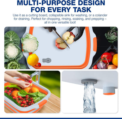2-Pack XL Collapsible BBQ Prep Tub with Built-In Cutting Board, Lid & Strainer – Marinate, Drain & Prep – Large Food-Safe Container – Perfect for Grilling, Smoking & Outdoor Cooking