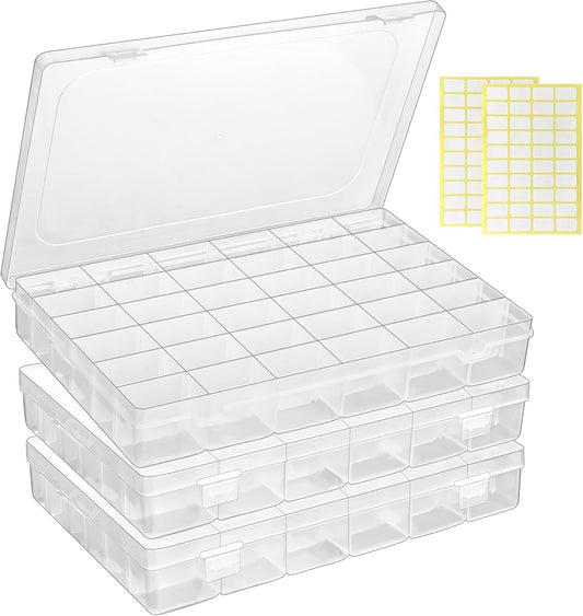 3 Pcs 36 Large Grids Clear Plastic Organizer Box with Adjustable Dividers,Multipurpose Fishing Tackle Box Craft Organizers Box for Bead,Jewelry,DIY Crafts,Art,Small Items Storage 3pack