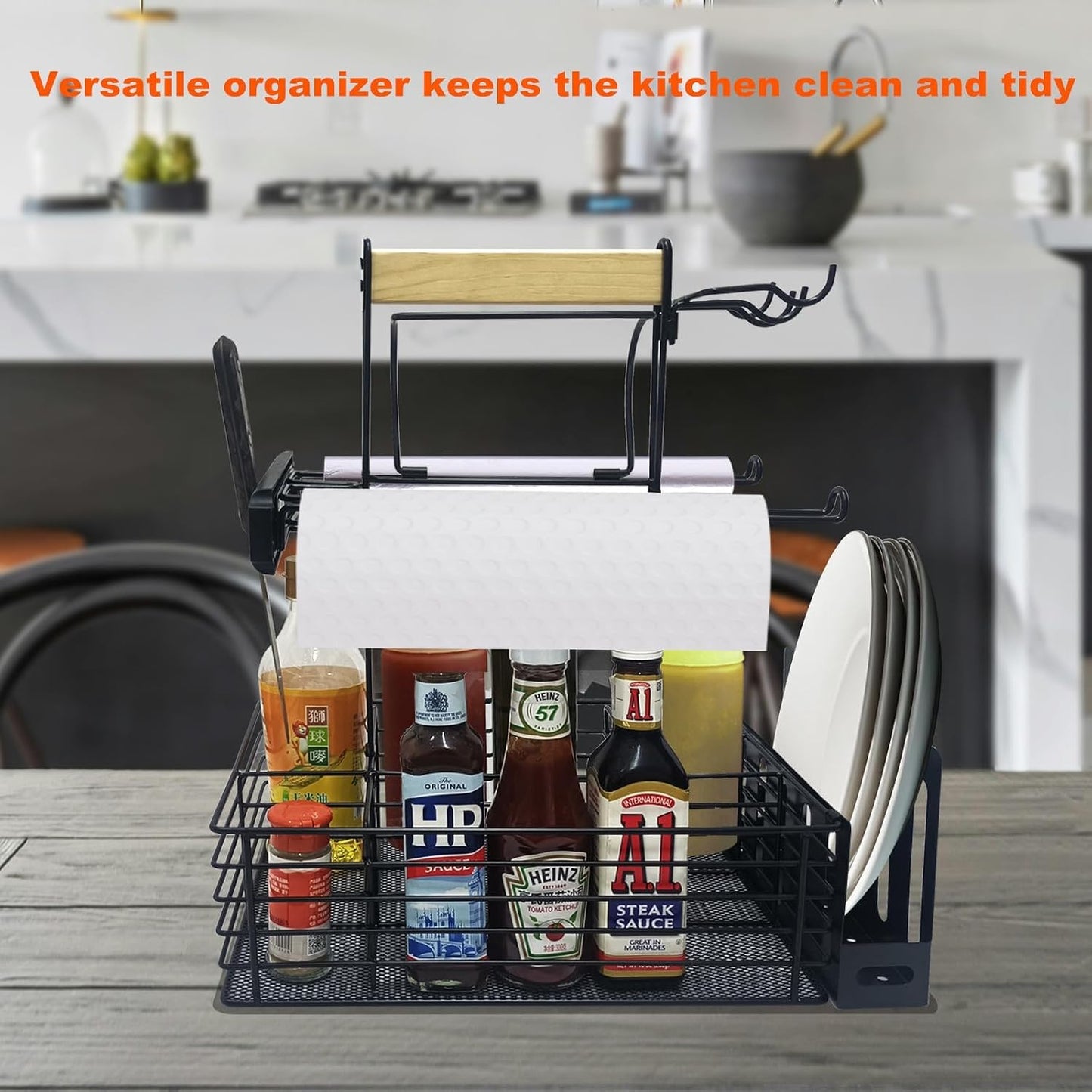 Grill Caddy,BBQ Condiment Organizer for Outdoor, Camping Tailgating Picnic Kitchen Storage Caddy Kitchen Organizer for Camper Magnetic Tool Holder with Paper Towel Holder with Handle Portable