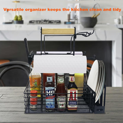 Grill Caddy,BBQ Condiment Organizer for Outdoor, Camping Tailgating Picnic Kitchen Storage Caddy Kitchen Organizer for Camper Magnetic Tool Holder with Paper Towel Holder with Handle Portable