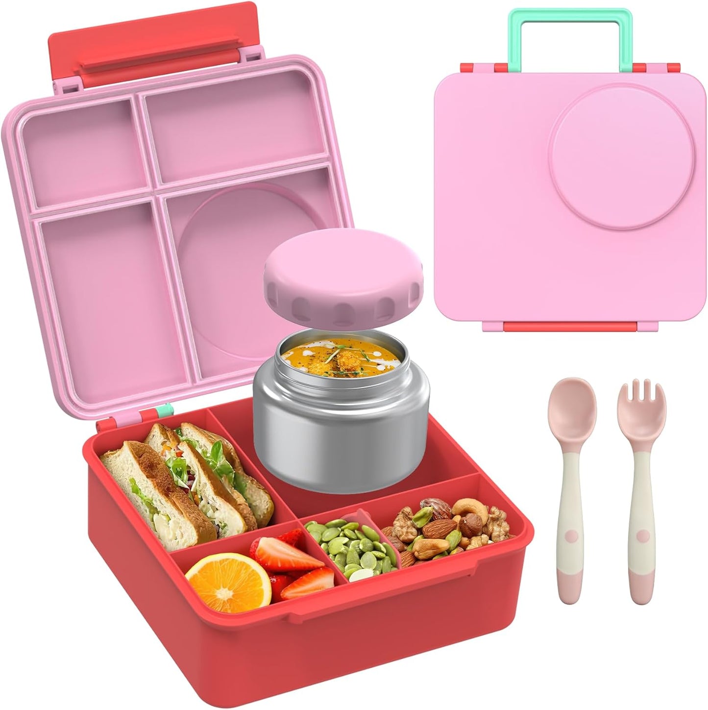 Bento Lunch Box Set for Kids with 8oz Soup Thermo, Leak-Proof Lunch Containers with 4 Compartment, Thermo Hot Insulated Food Jar and Foldable Fork Spoon, for Kids to School (pale pink)