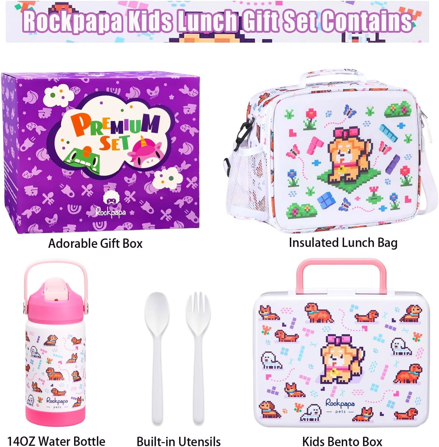 rockpapa Kids Lunch Box Set with 14oz Insulated Water Bottle & Lunch Bag, Leakproof 5.5 Cups Bento Box for School & Children, BPA-Free, Microwave Safe for Boys Girls (Grey Constr Turcks)