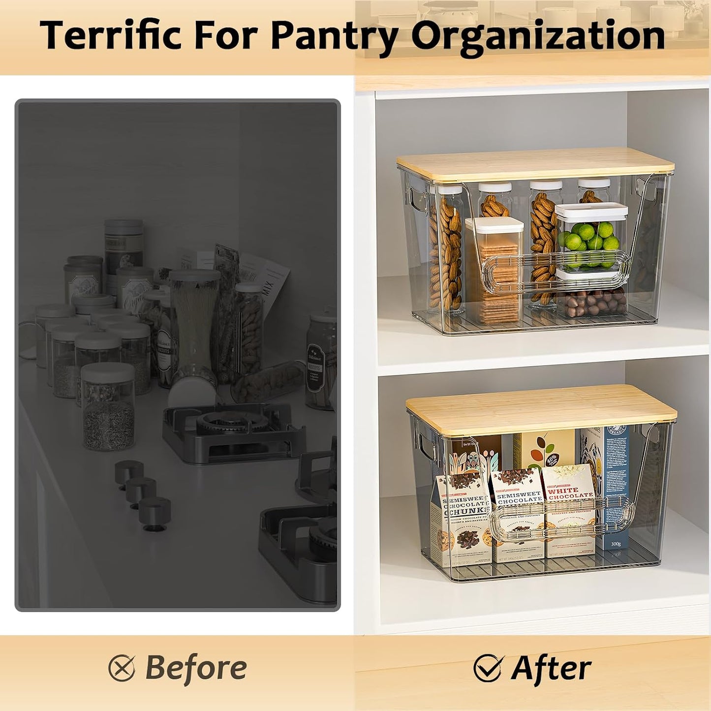 Delamu 2 Set Pantry Organizers and Storage, Trash Bag Holder Under Sink Organizer for 4-13 Gal Bags, Trash Bag Dispenser with Bamboo Top for Onion, Potato, Garlic, Clear (11-7/32"L*7" W*7-1/8"H)
