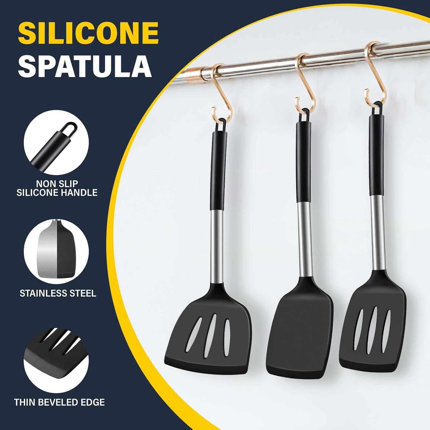 Silicone Spatula Set, Heat Resistant Solid & Slotted Turner for Non-Stick Pans, Silicone Cooking Utensils Set, BPA-Free, Flexible Spatula Turner for Flipping Eggs, Burgers, Pancakes, Black, 3 PCS-A