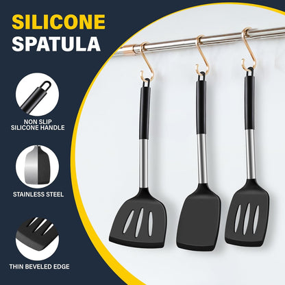 Silicone Spatula Set, Heat Resistant Solid & Slotted Turner for Non-Stick Pans, Silicone Cooking Utensils Set, BPA-Free, Flexible Spatula Turner for Flipping Eggs, Burgers, Pancakes, Black, 3 PCS-A