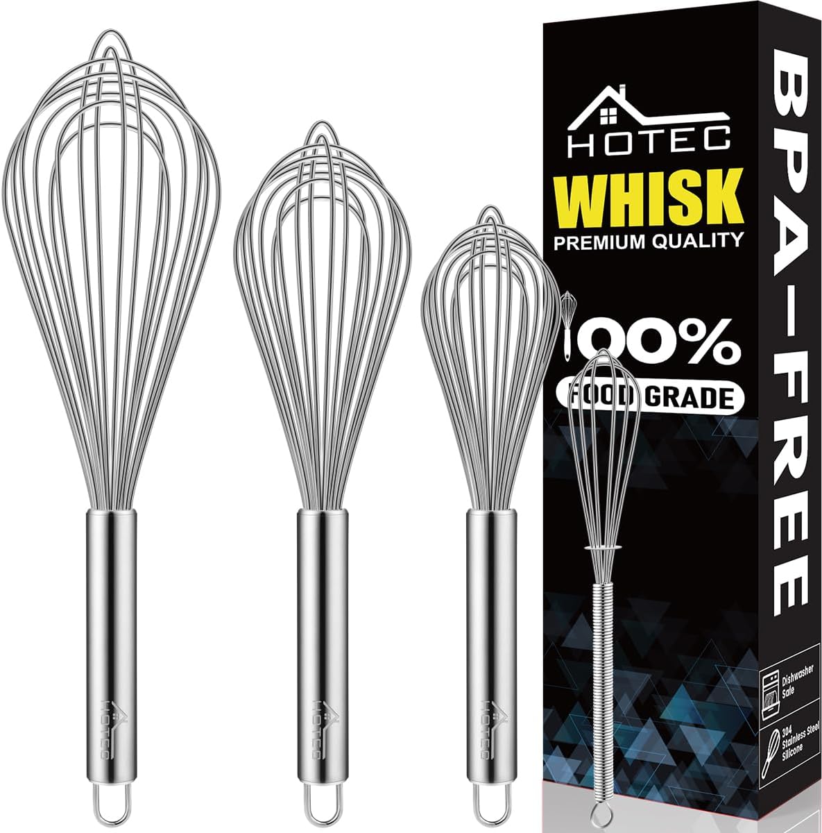 HOTEC Stainless Steel Whisk Set of 4, Food Grade Balloon Whisk Egg Beater, Thicken Wire Mixing Whisk for Baking, Cooking, Whisking Cream, Sauce, Pancake Batter