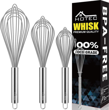 HOTEC Stainless Steel Whisk Set of 4, Food Grade Balloon Whisk Egg Beater, Thicken Wire Mixing Whisk for Baking, Cooking, Whisking Cream, Sauce, Pancake Batter