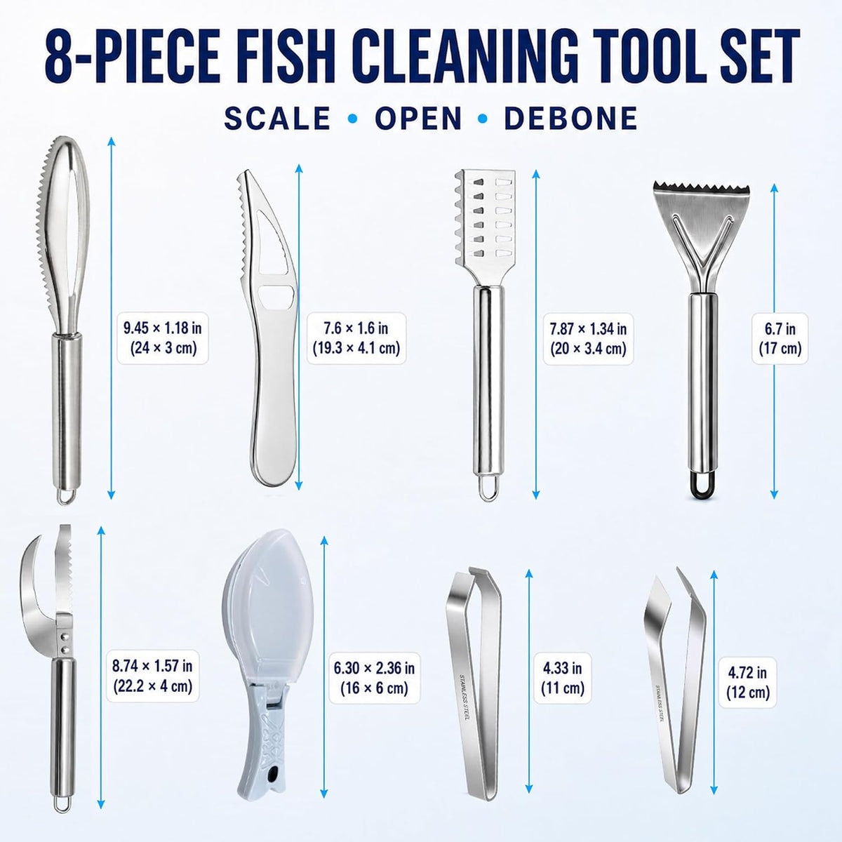 8 Pcs Stainless Steel Fish Scaler Remover Set, Fishbone Tweezers, Sawtooth Fish Descaler, Cleaner Scraper, Seafood Tool for Family Kitchen Scales Removing