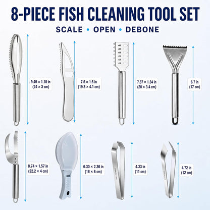 8 Pcs Stainless Steel Fish Scaler Remover Set, Fishbone Tweezers, Sawtooth Fish Descaler, Cleaner Scraper, Seafood Tool for Family Kitchen Scales Removing