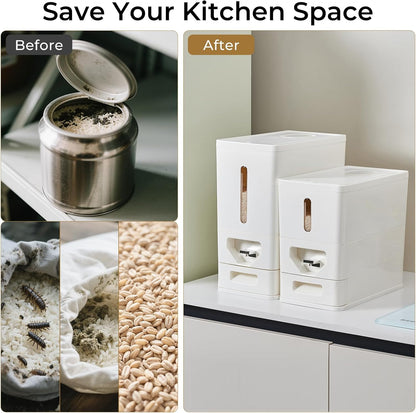 UFORU Rice Dispenser 22-25 Lbs (12kg), Rice Storage Container Sealed Moisture-Proof with Built-in Drawer, BPA-Free for Kitchen Pantry Household, Ideal for Rice, cereals, Beans, and Dry Food