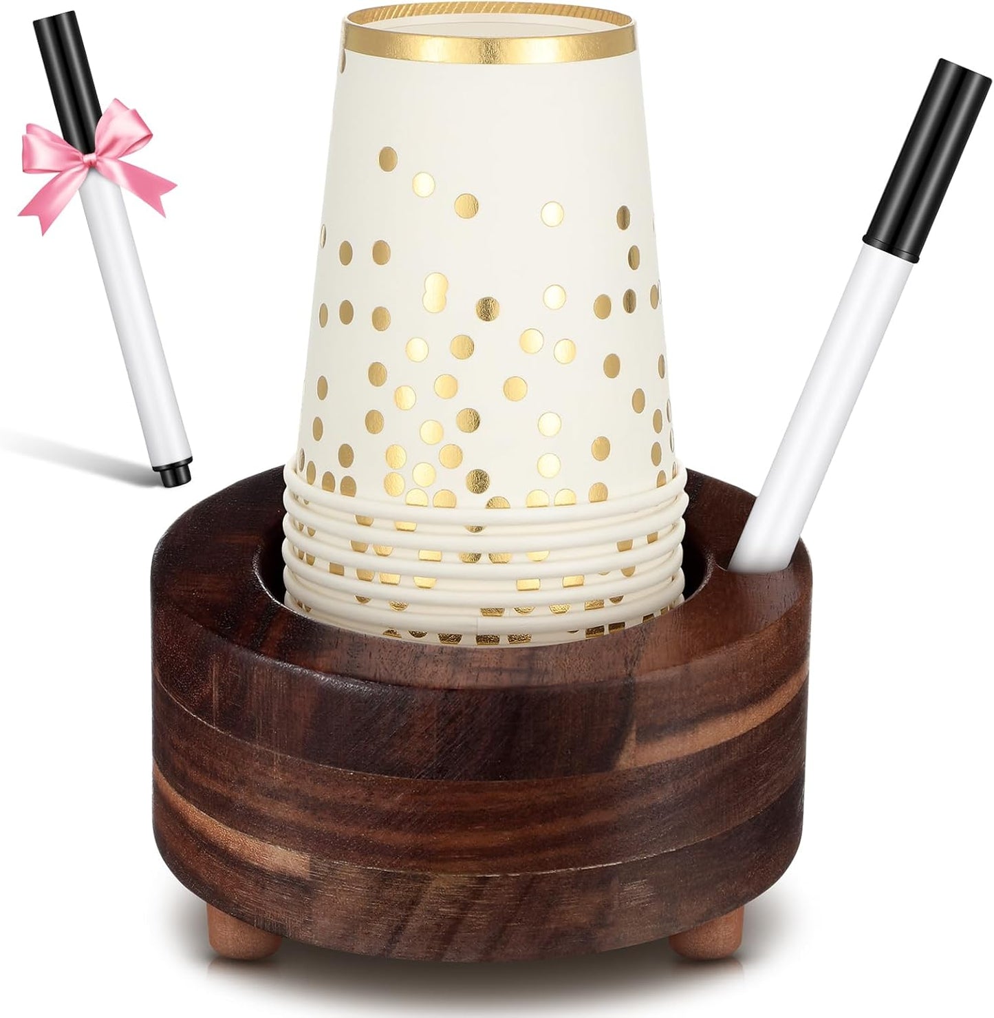 Newtay Wooden Cup Holder with Marker Slot Brown Cup Holder Dispenser Disposable Mug Dispenser for Party Decoration Bathroom Kitchen Showers Picnic Housewarming Couples Gift(Classic Style,6.1 Inches)