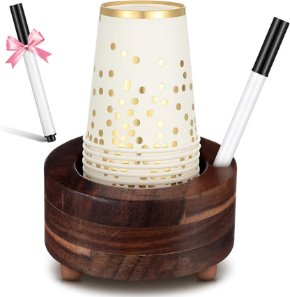 Newtay Wooden Cup Holder with Marker Slot Brown Cup Holder Dispenser Disposable Mug Dispenser for Party Decoration Bathroom Kitchen Showers Picnic Housewarming Couples Gift(Classic Style,6.1 Inches)